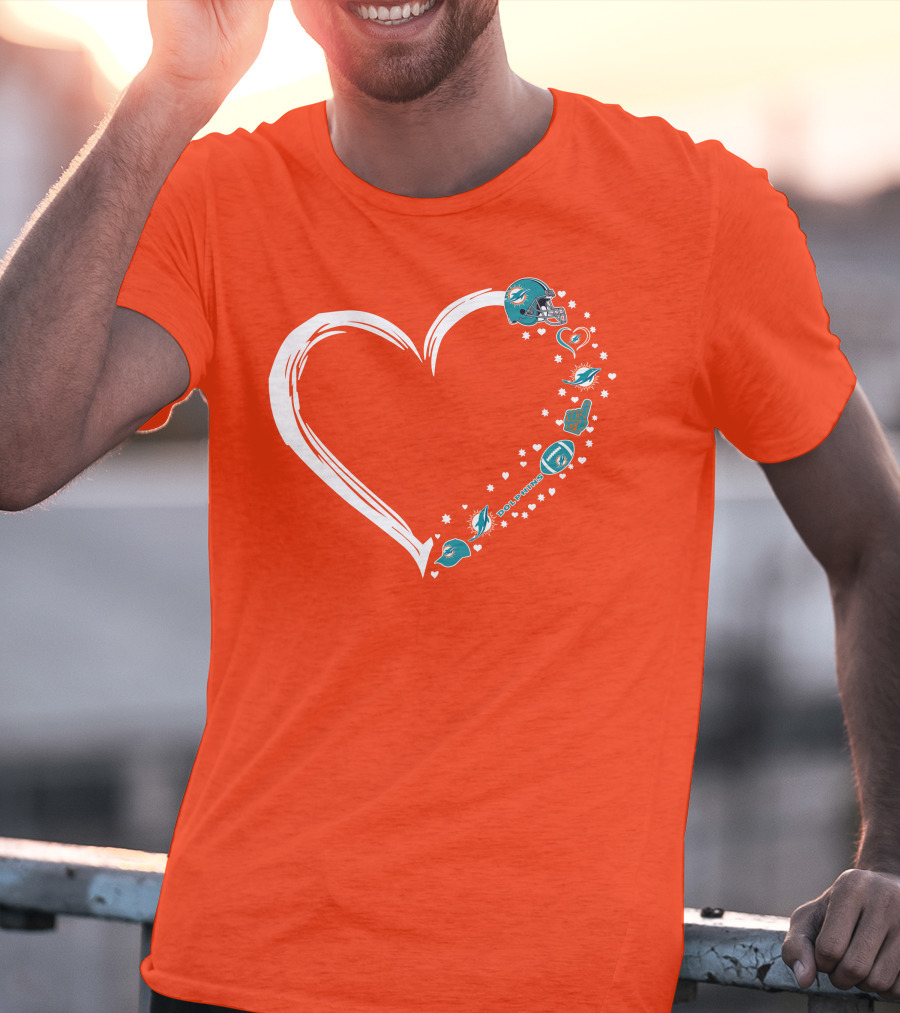 Miami Dolphins Heart Design With Helmets T-Shirt