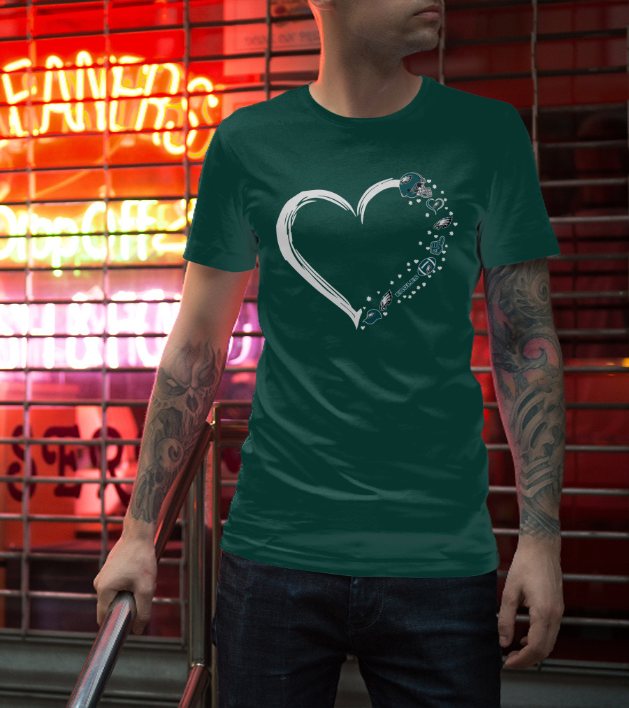 Philadelphia Eagles Heart Design With Logo And Helmet Elements T-Shirt