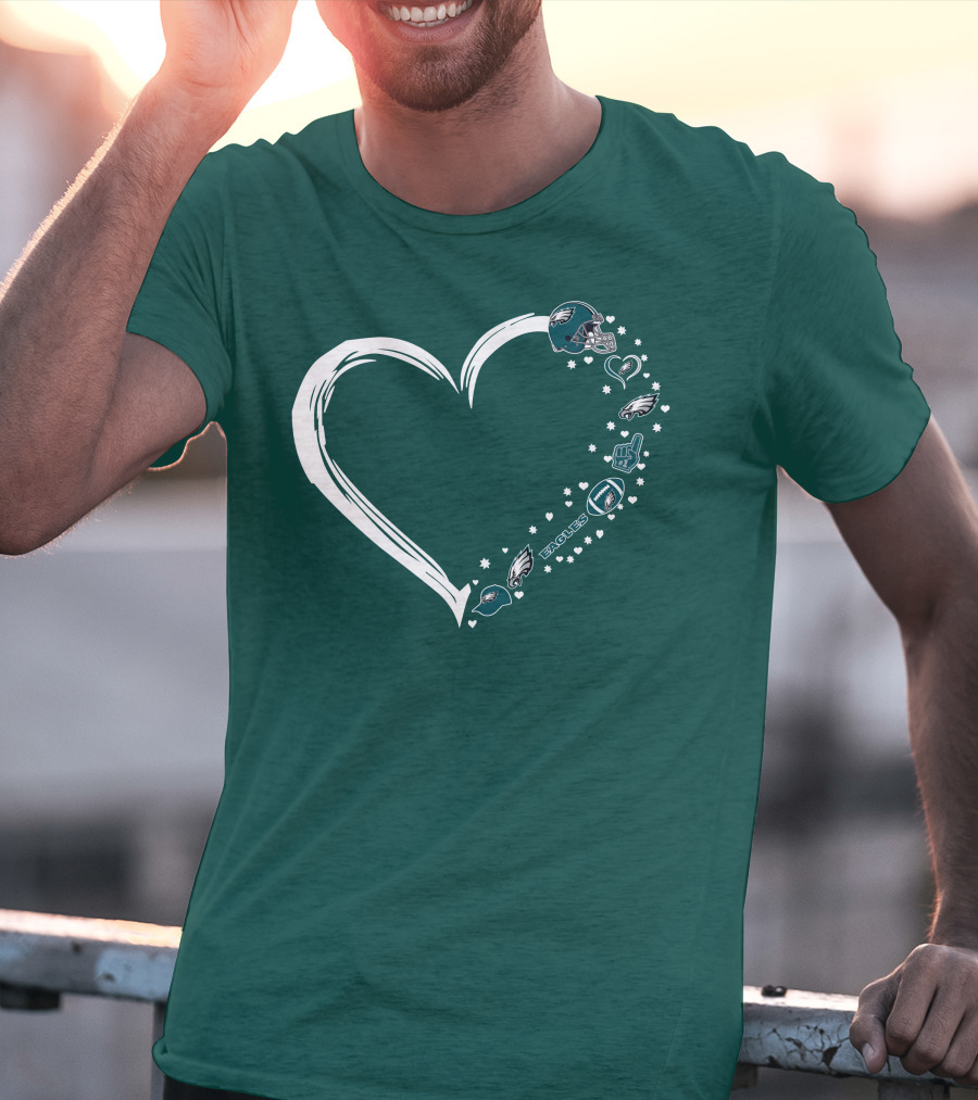 Philadelphia Eagles Heart Design With Logo And Helmet Elements T-Shirt