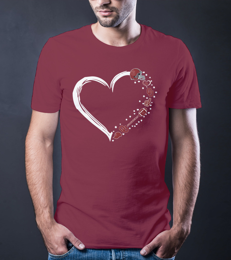 Oklahoma Sooners Heart Design With Helmets And Footballs T-Shirt