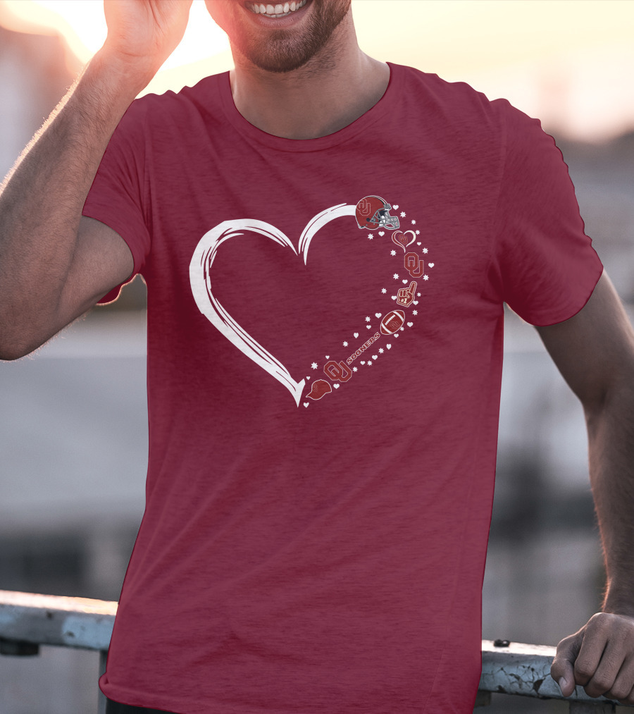 Oklahoma Sooners Heart Design With Helmets And Footballs T-Shirt