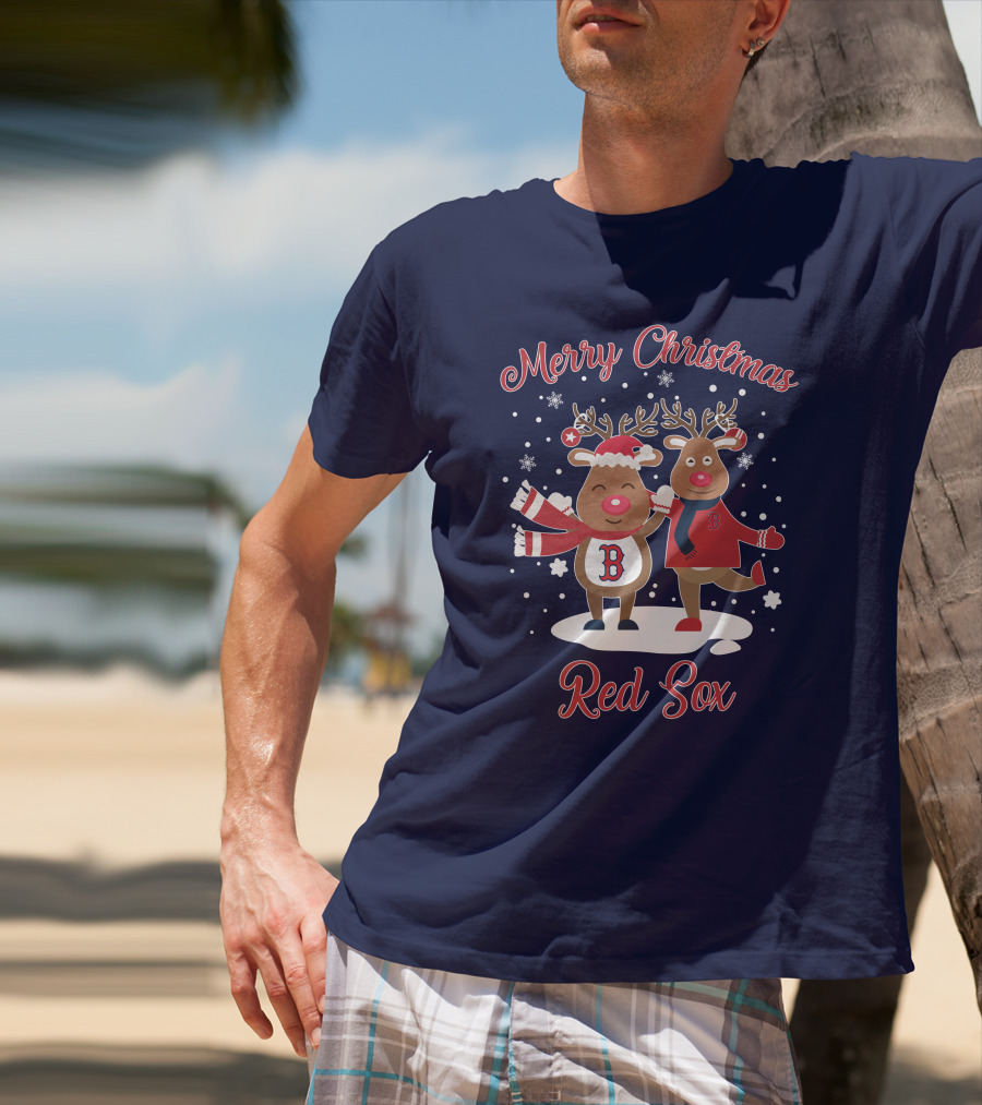 Merry Christmas Red Sox Reindeer With Snowflakes And Baseball Gear T-Shirt