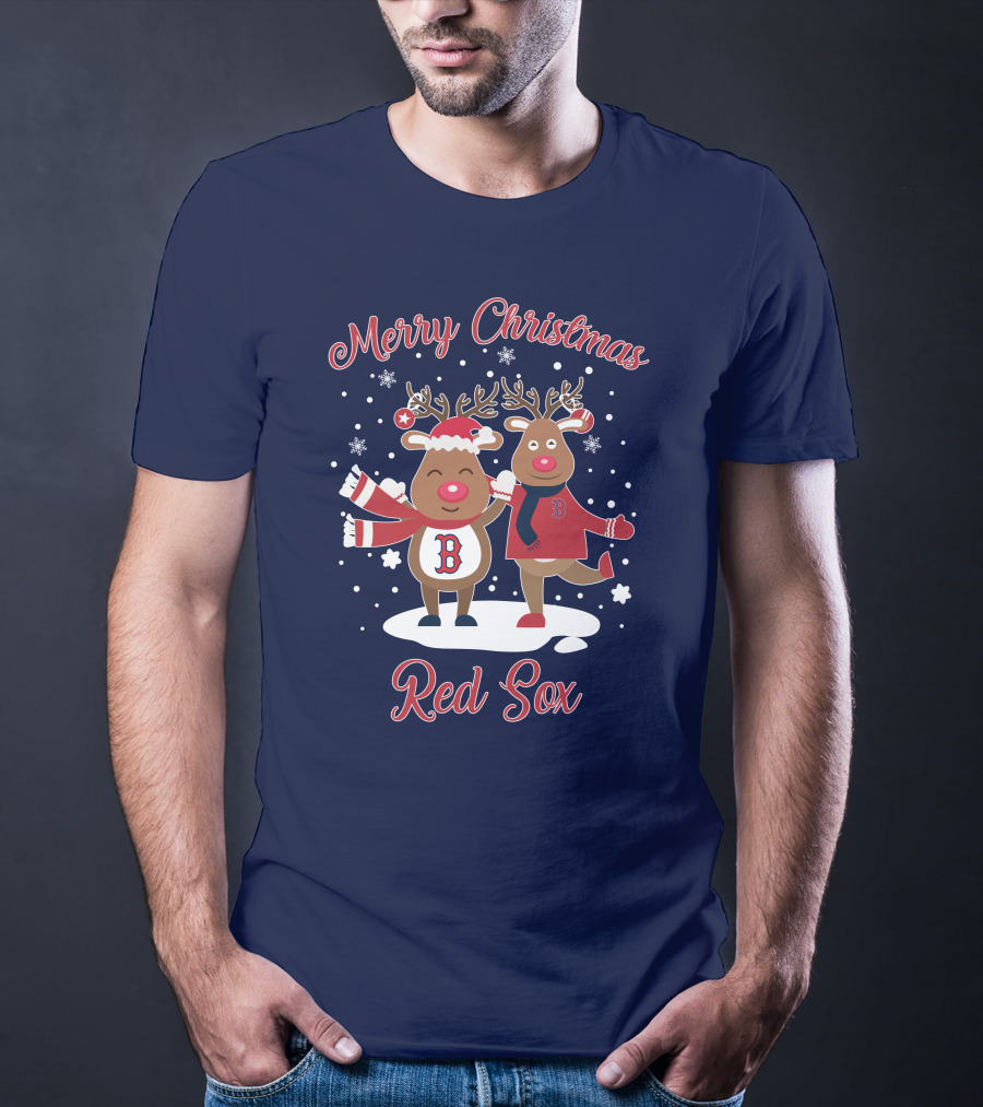 Merry Christmas Red Sox Reindeer With Snowflakes And Baseball Gear T-Shirt