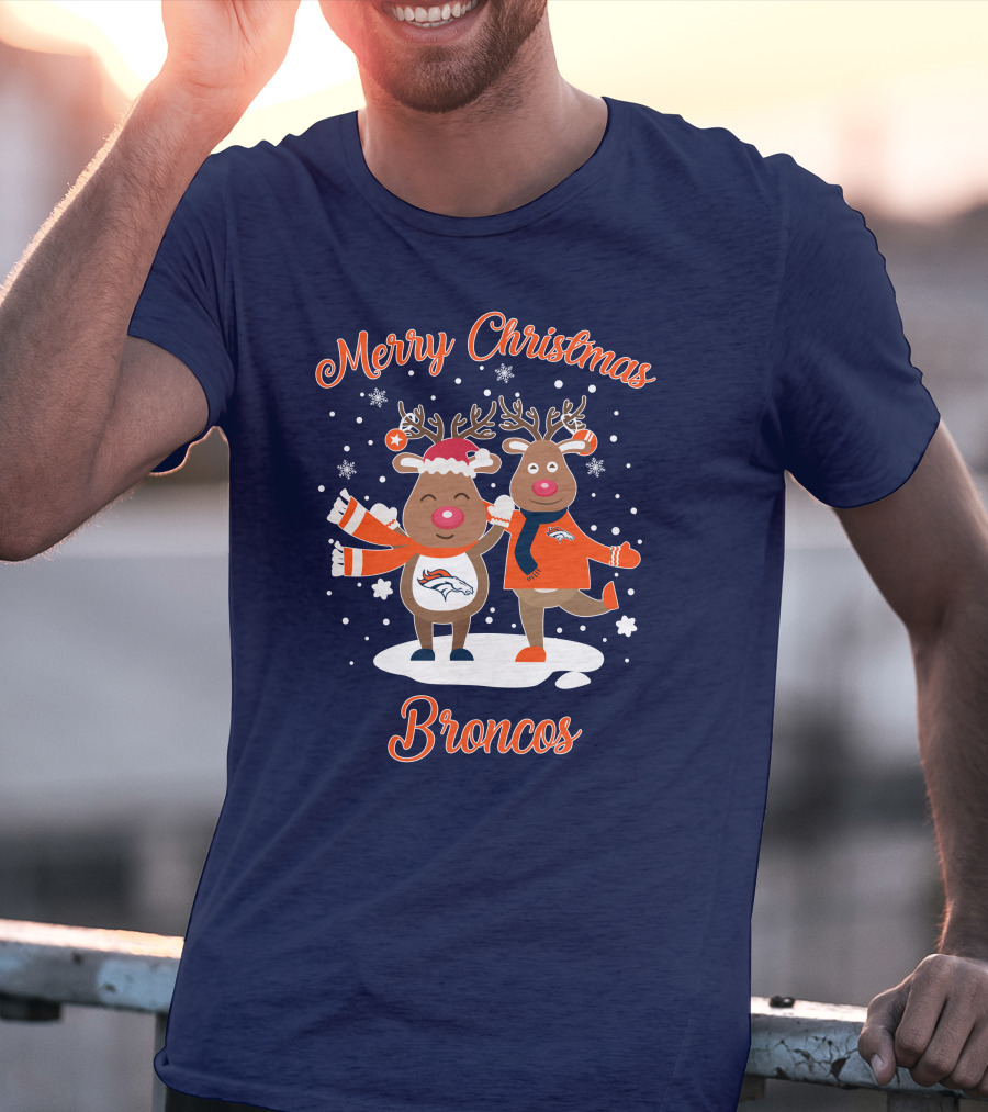 Merry Christmas Broncos Reindeer Snowflakes T-Shirt