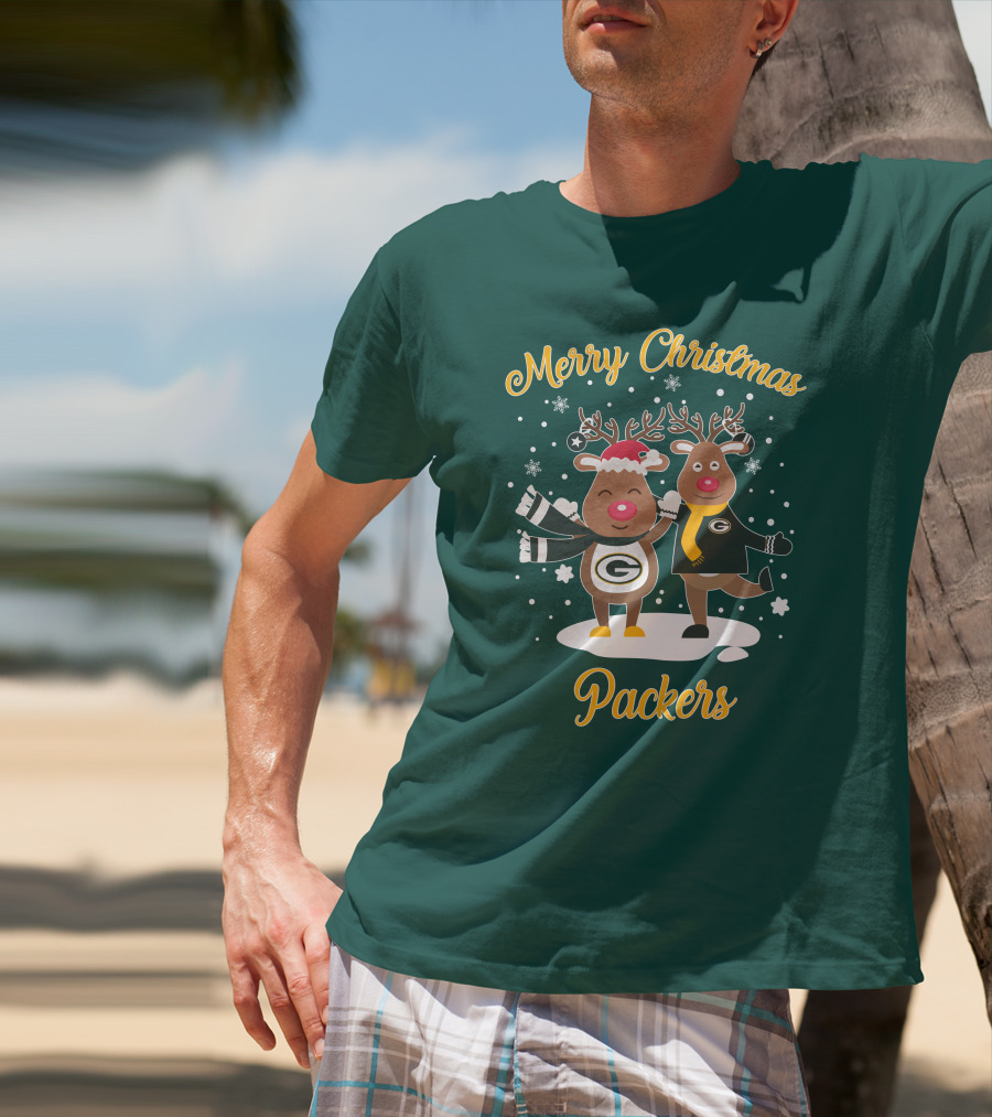 Merry Christmas Packers Reindeer With Green Bay Logo Winter Scene T-Shirt