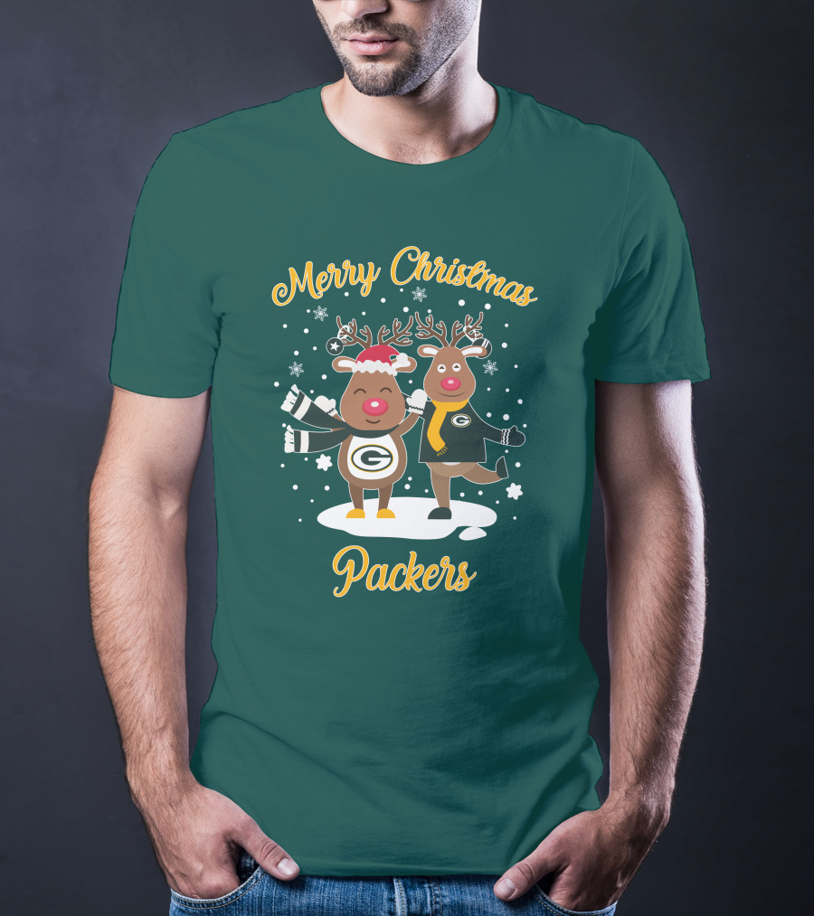 Merry Christmas Packers Reindeer With Green Bay Logo Winter Scene T-Shirt