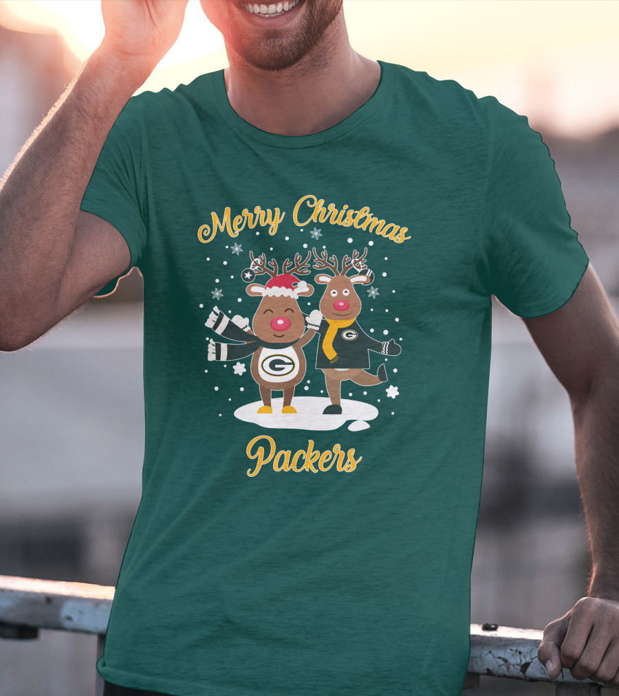 Merry Christmas Packers Reindeer With Green Bay Logo Winter Scene T-Shirt