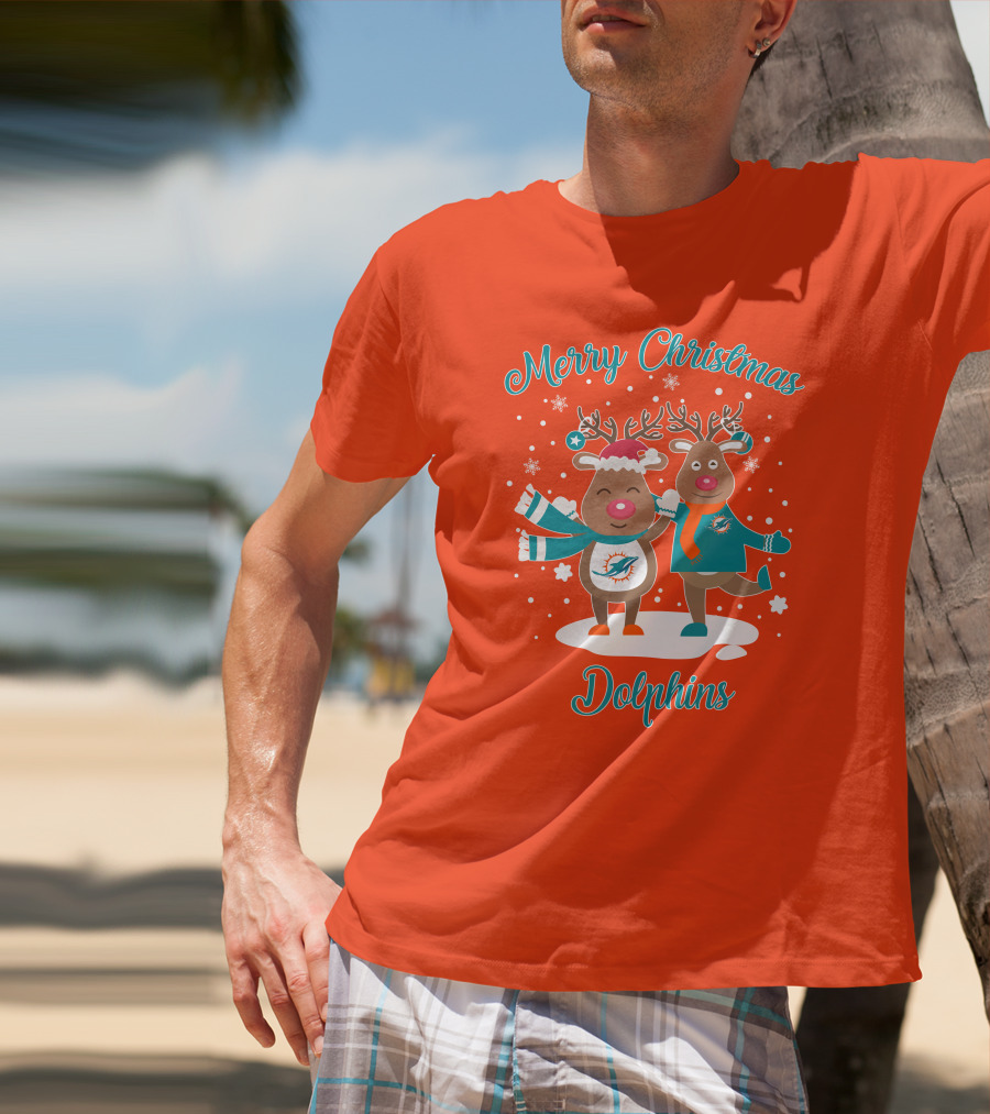 Merry Christmas Dolphins Reindeer Snowflakes T-Shirt