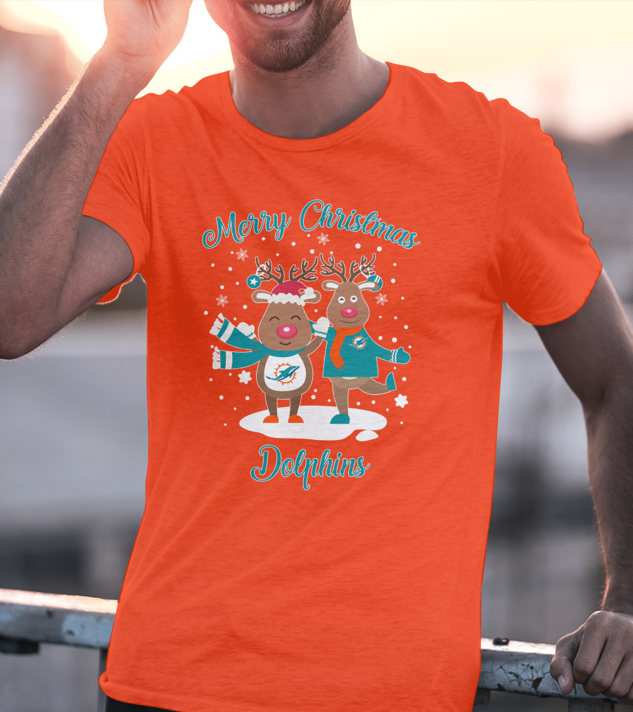 Merry Christmas Dolphins Reindeer Snowflakes T-Shirt
