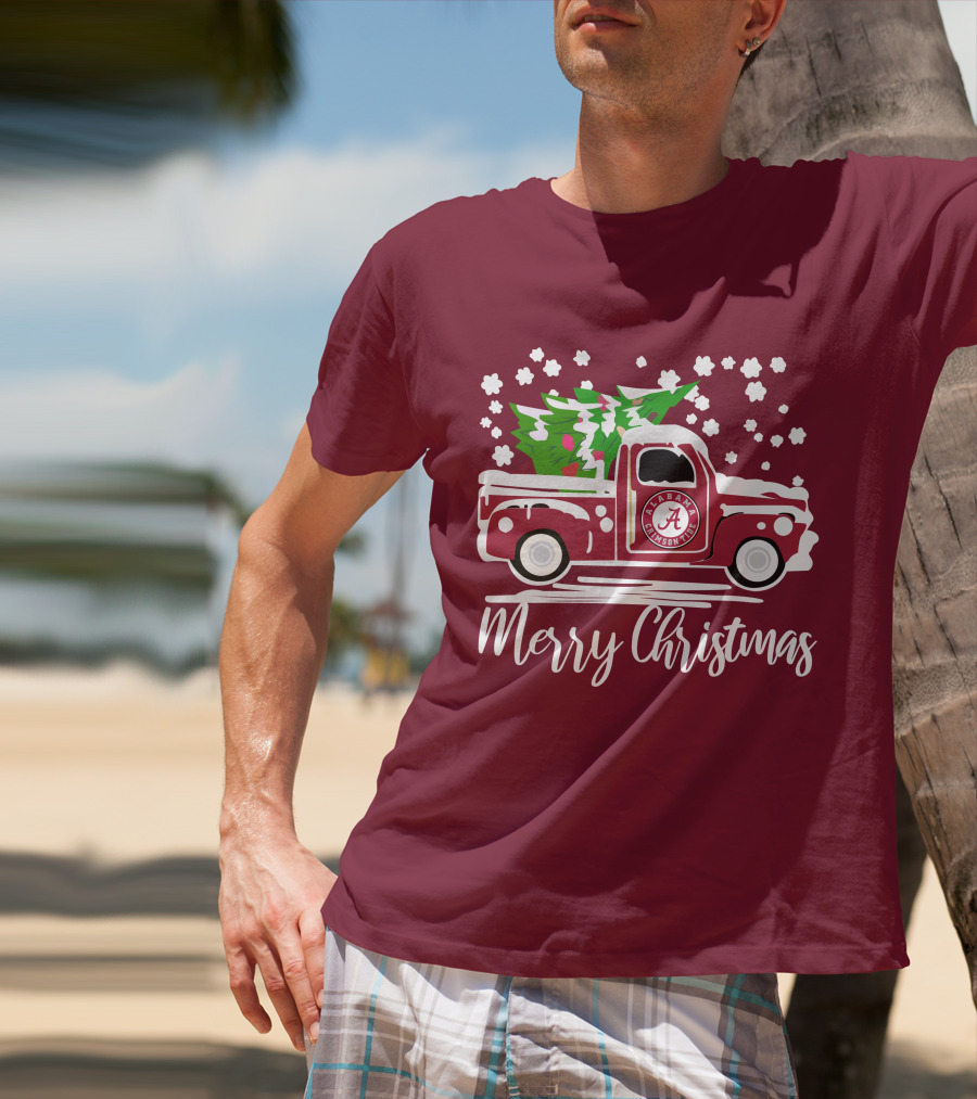 Merry Christmas Alabama Crimson Tide Vintage Truck Snowy Tree T-Shirt