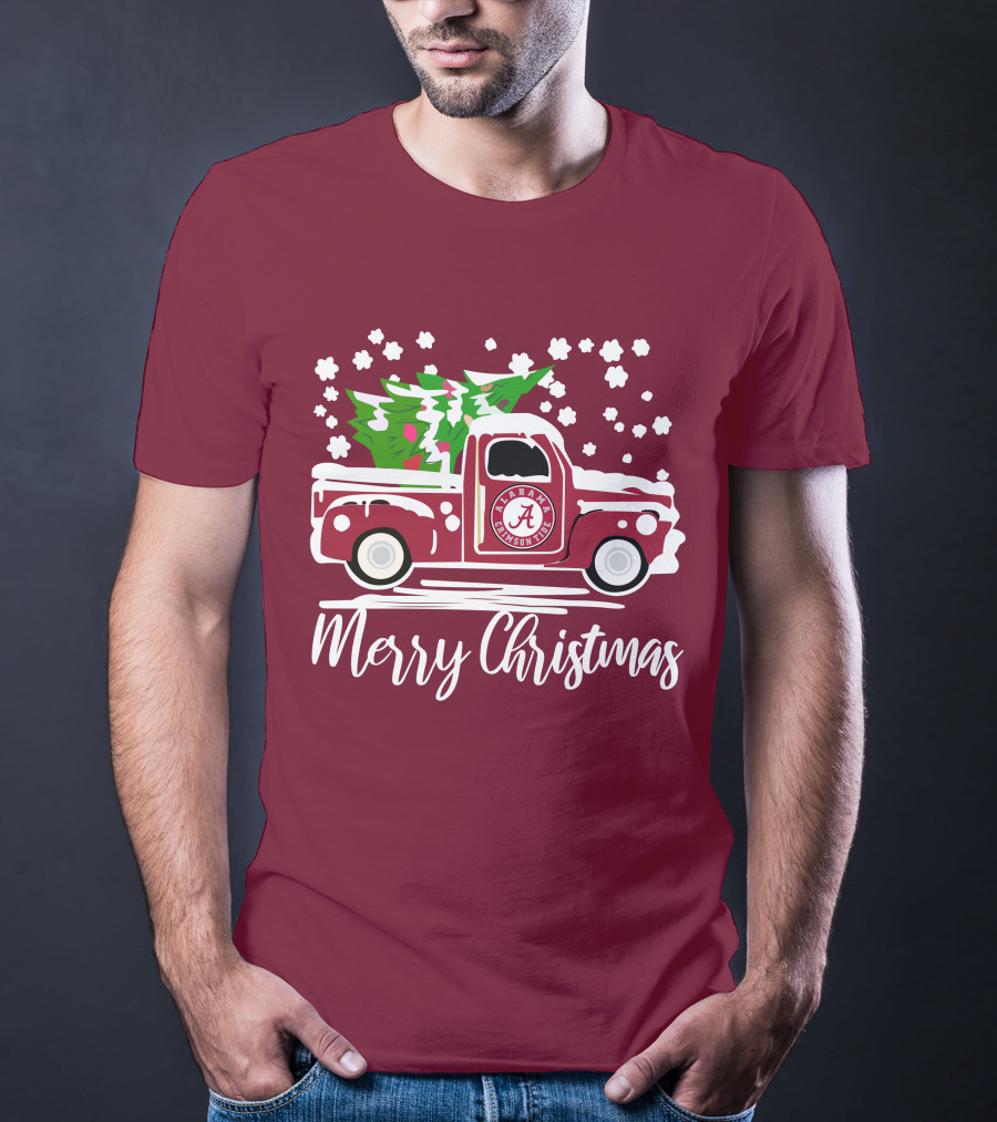 Merry Christmas Alabama Crimson Tide Vintage Truck Snowy Tree T-Shirt