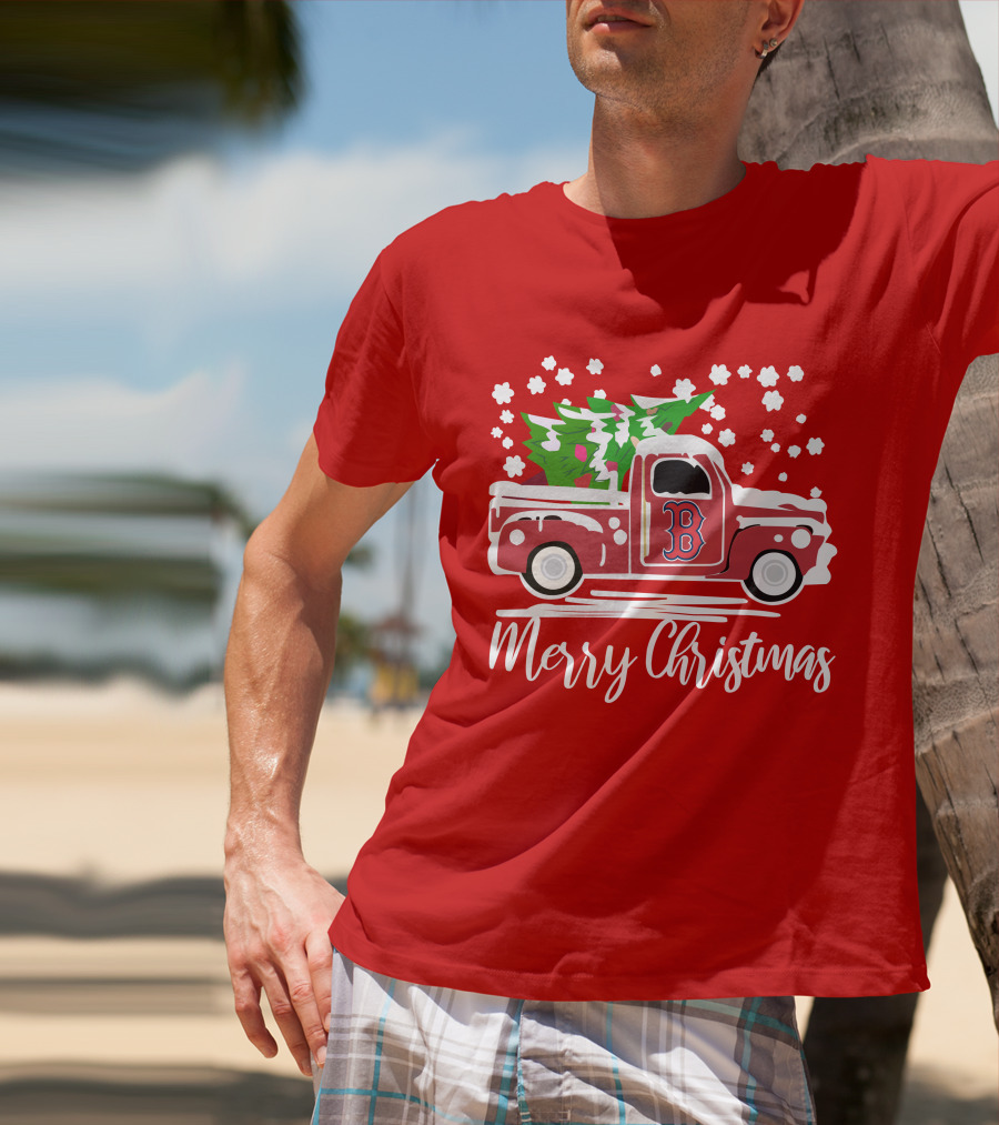 Boston Red Sox B Vintage Car Merry Christmas Tree Snowflakes T-Shirt
