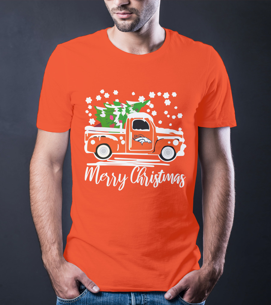 Denver Broncos Vintage Truck Merry Christmas Snowflakes T-Shirt