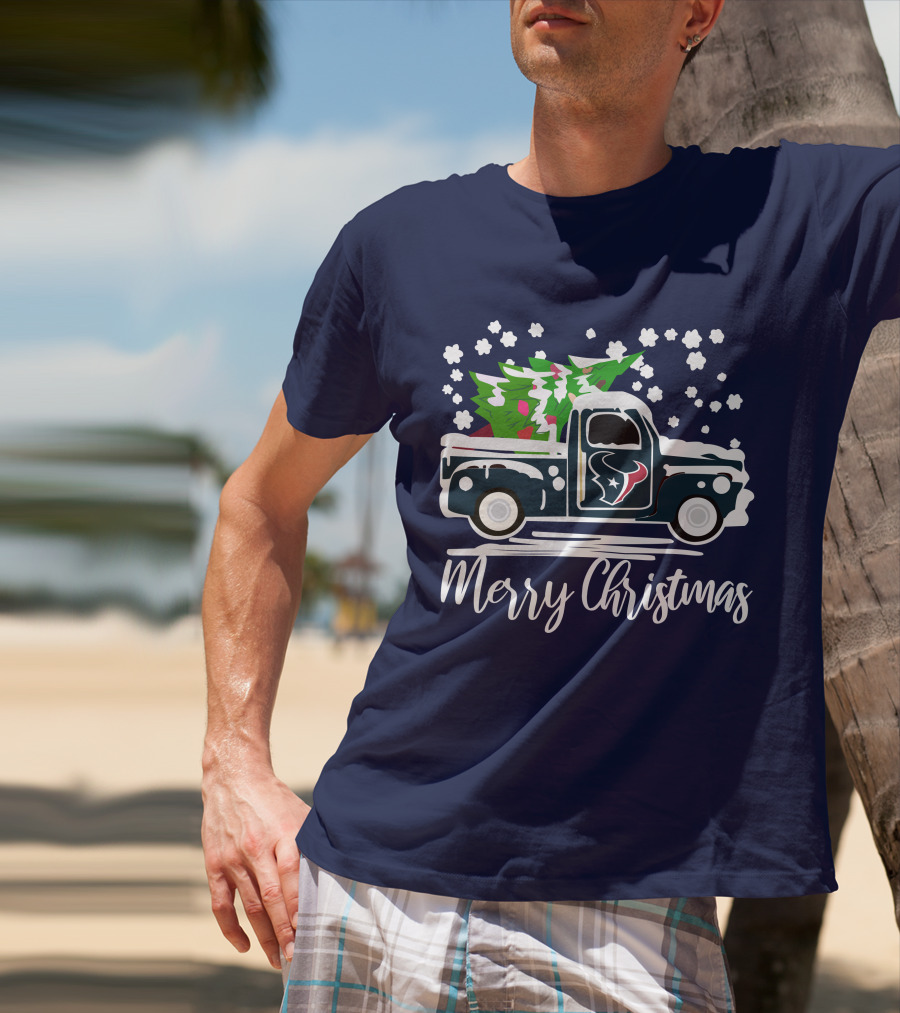Houston Texans Merry Christmas Vintage Car With Christmas Tree T-Shirt