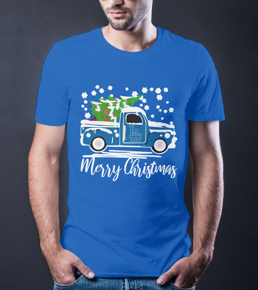 Los Angeles Dodgers LA Vintage Car Merry Christmas Snowflakes Tree T-Shirt