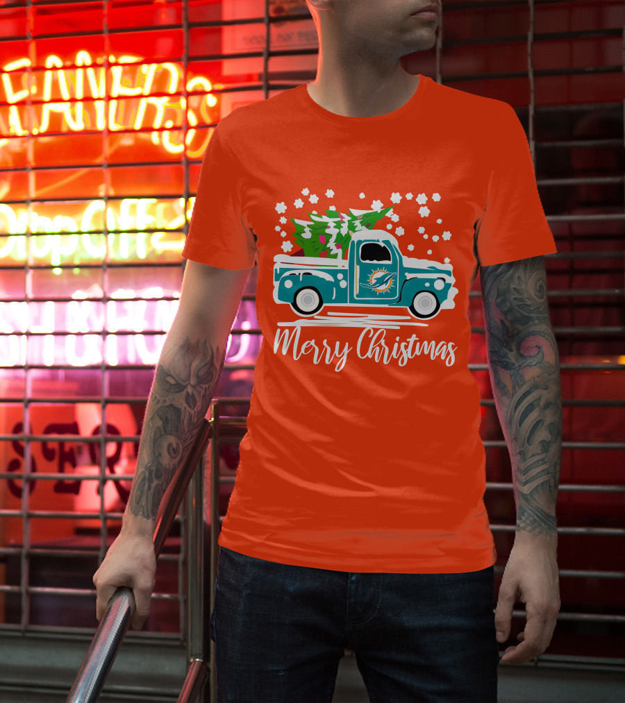 Miami Dolphins Vintage Truck Merry Christmas T-Shirt