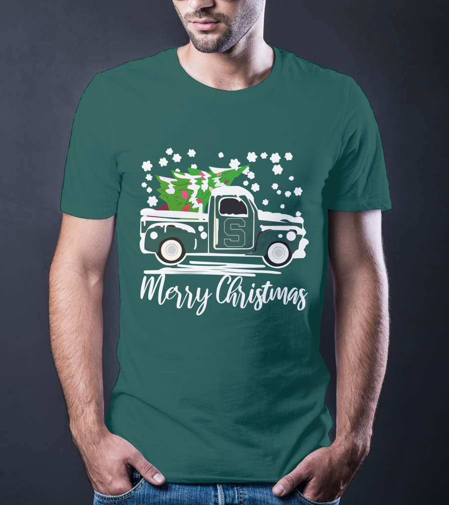 Merry Christmas Michigan State Spartans Vintage Car With Christmas Tree T-Shirt