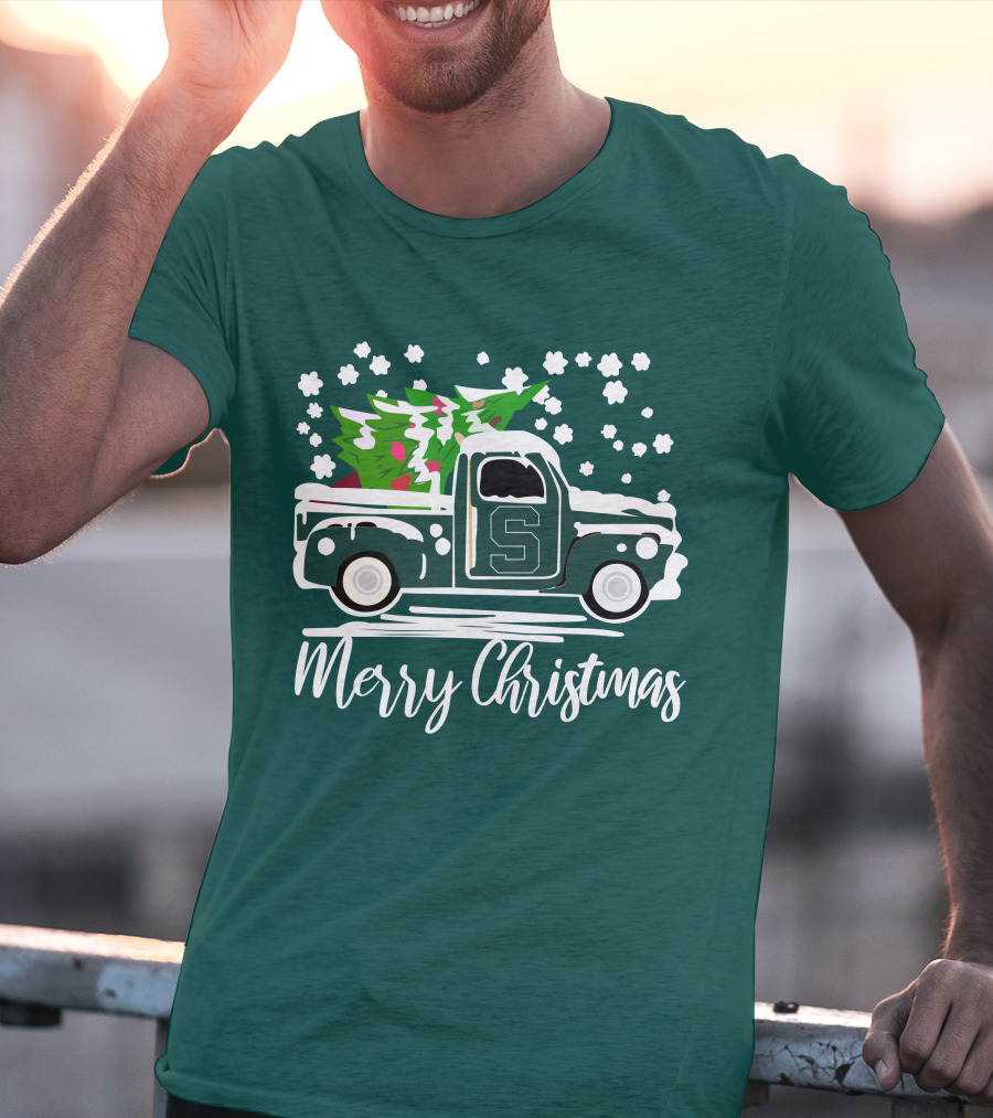 Merry Christmas Michigan State Spartans Vintage Car With Christmas Tree T-Shirt