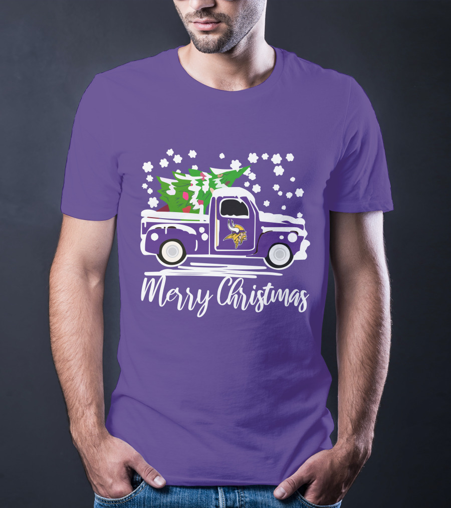 Merry Christmas Minnesota Vikings Vintage Car With Christmas Tree T-Shirt