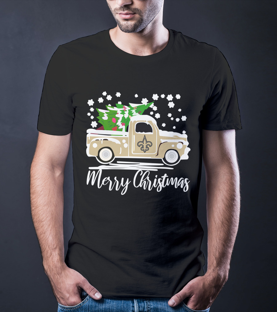 New Orleans Saints Vintage Car Merry Christmas Tree Snowflakes T-Shirt
