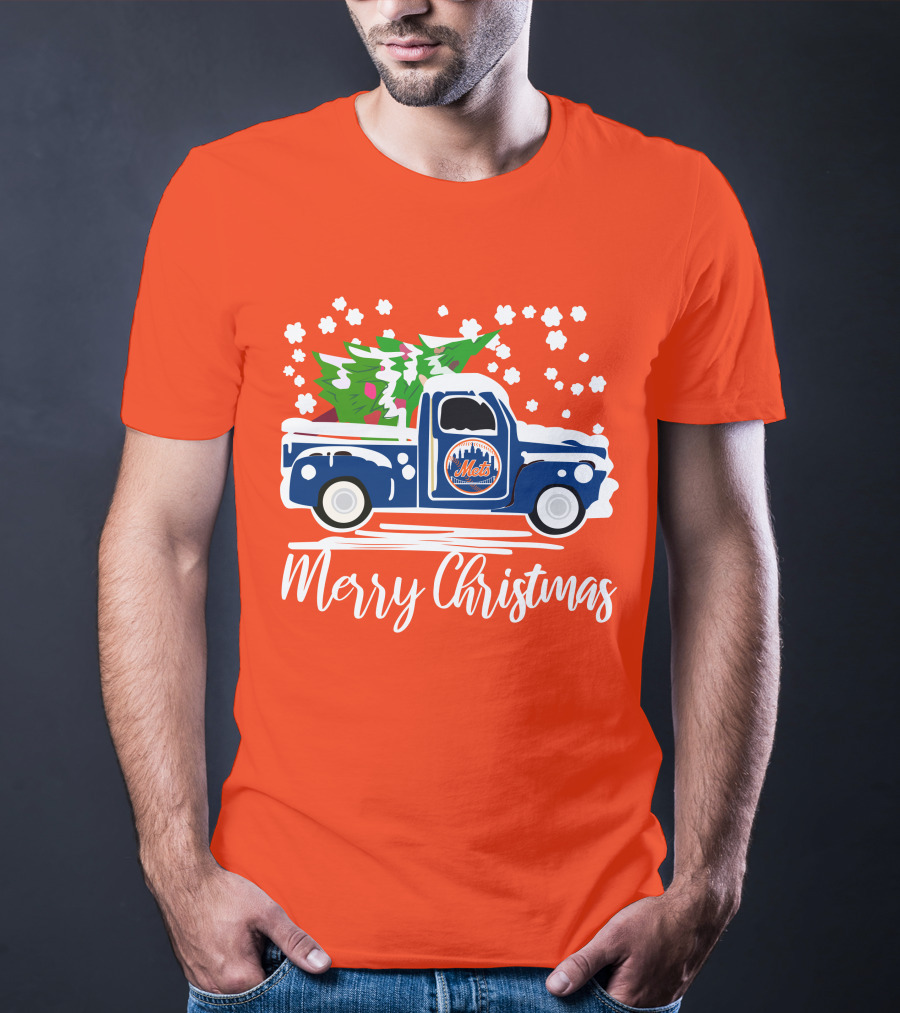 New York Mets Vintage Truck Merry Christmas Snowflakes T-Shirt