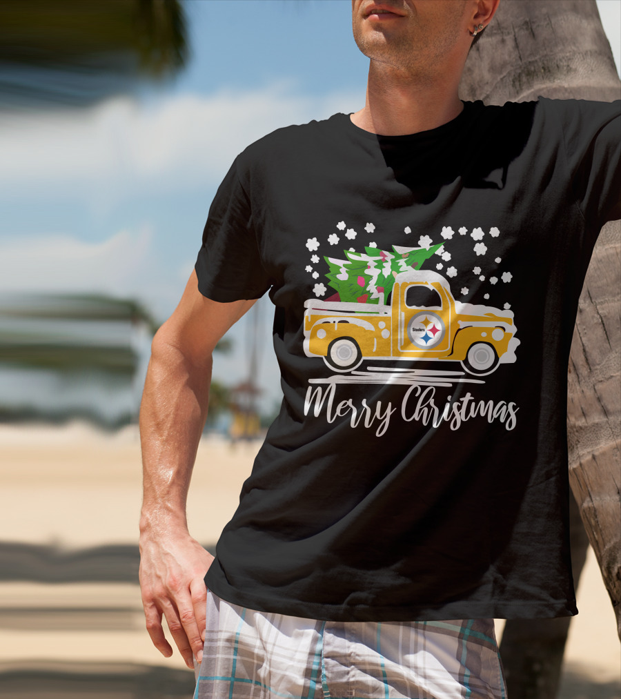 Pittsburgh Steelers Merry Christmas Vintage Car With Christmas Tree T-Shirt