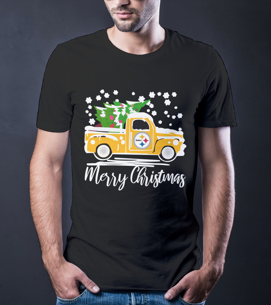 Pittsburgh Steelers Merry Christmas Vintage Car With Christmas Tree T-Shirt