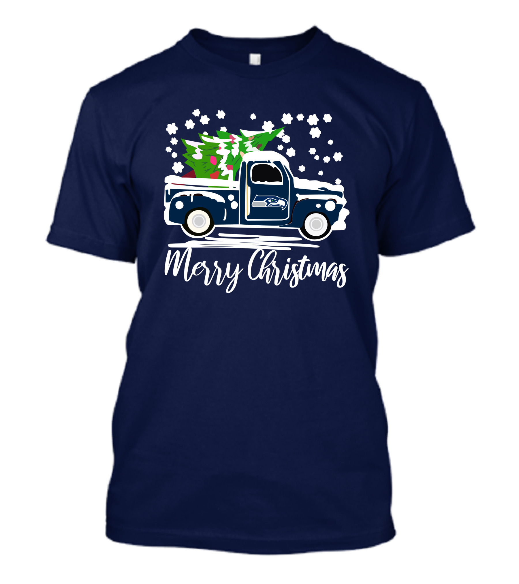 Seattle Seahawks Vintage Truck Merry Christmas Snowflakes And Tree T-Shirt