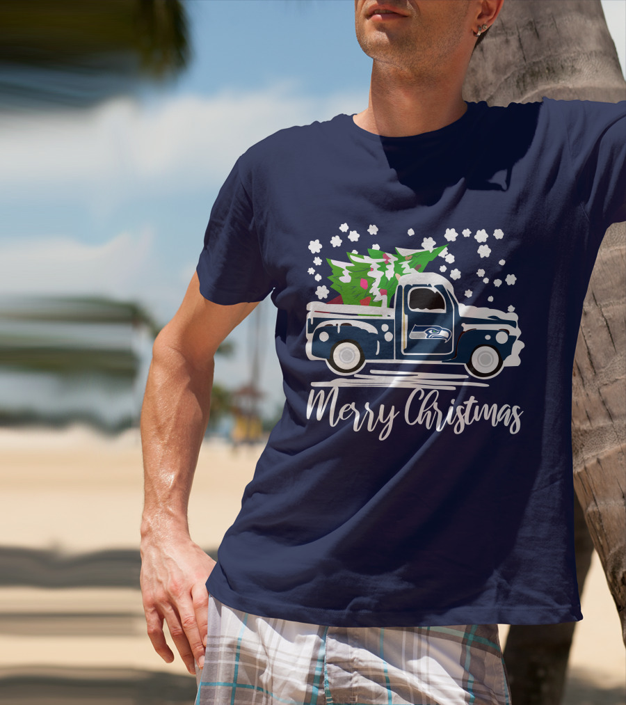 Seattle Seahawks Vintage Truck Merry Christmas Snowflakes And Tree T-Shirt