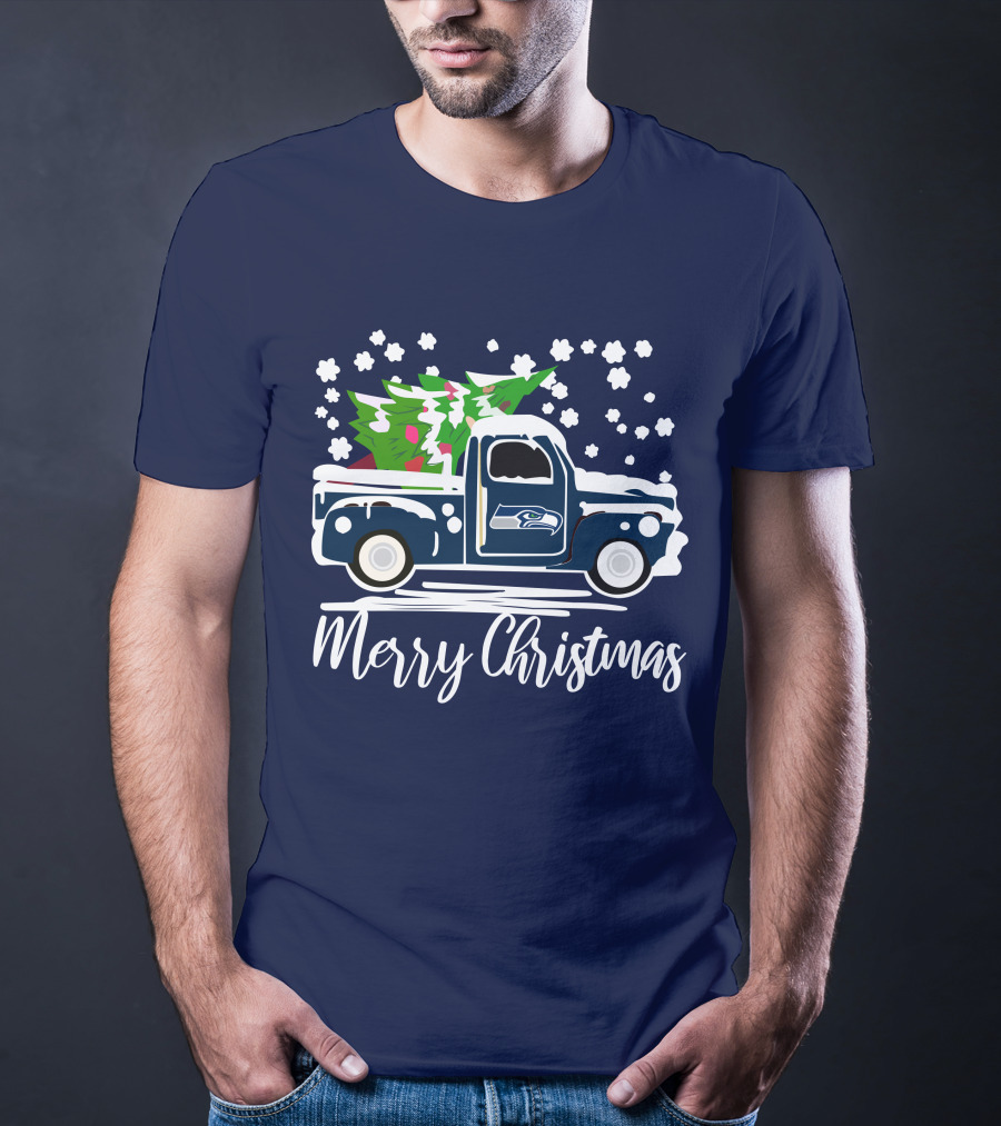 Seattle Seahawks Vintage Truck Merry Christmas Snowflakes And Tree T-Shirt