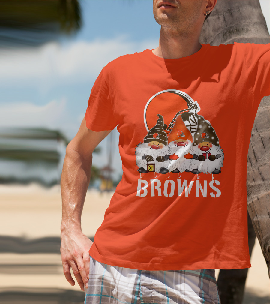 Cleveland Browns Merry Christmas Happy Holidays With Gnome Trio And Football Helmets T-Shirt