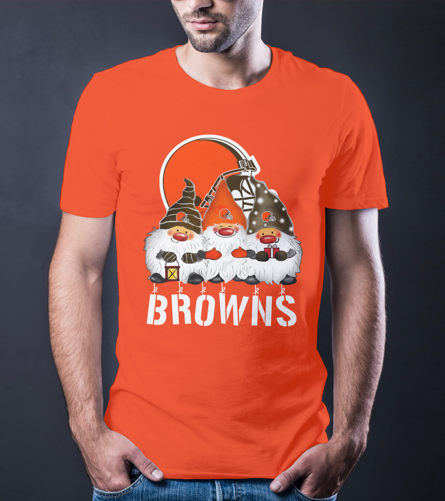 Cleveland Browns Merry Christmas Happy Holidays With Gnome Trio And Football Helmets T-Shirt