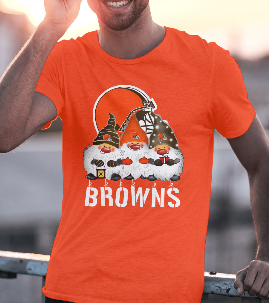 Cleveland Browns Merry Christmas Happy Holidays With Gnome Trio And Football Helmets T-Shirt