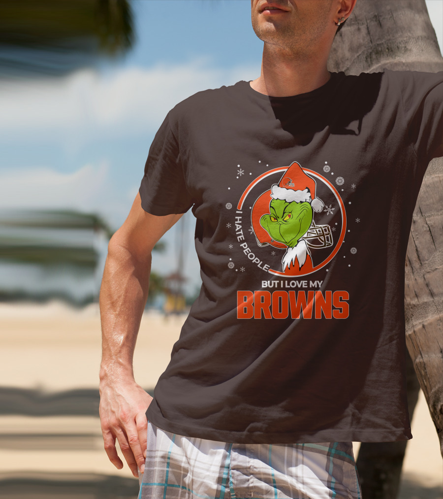 I Hate People But I Love My Cleveland Browns Grinch Santa Christmas T-Shirt
