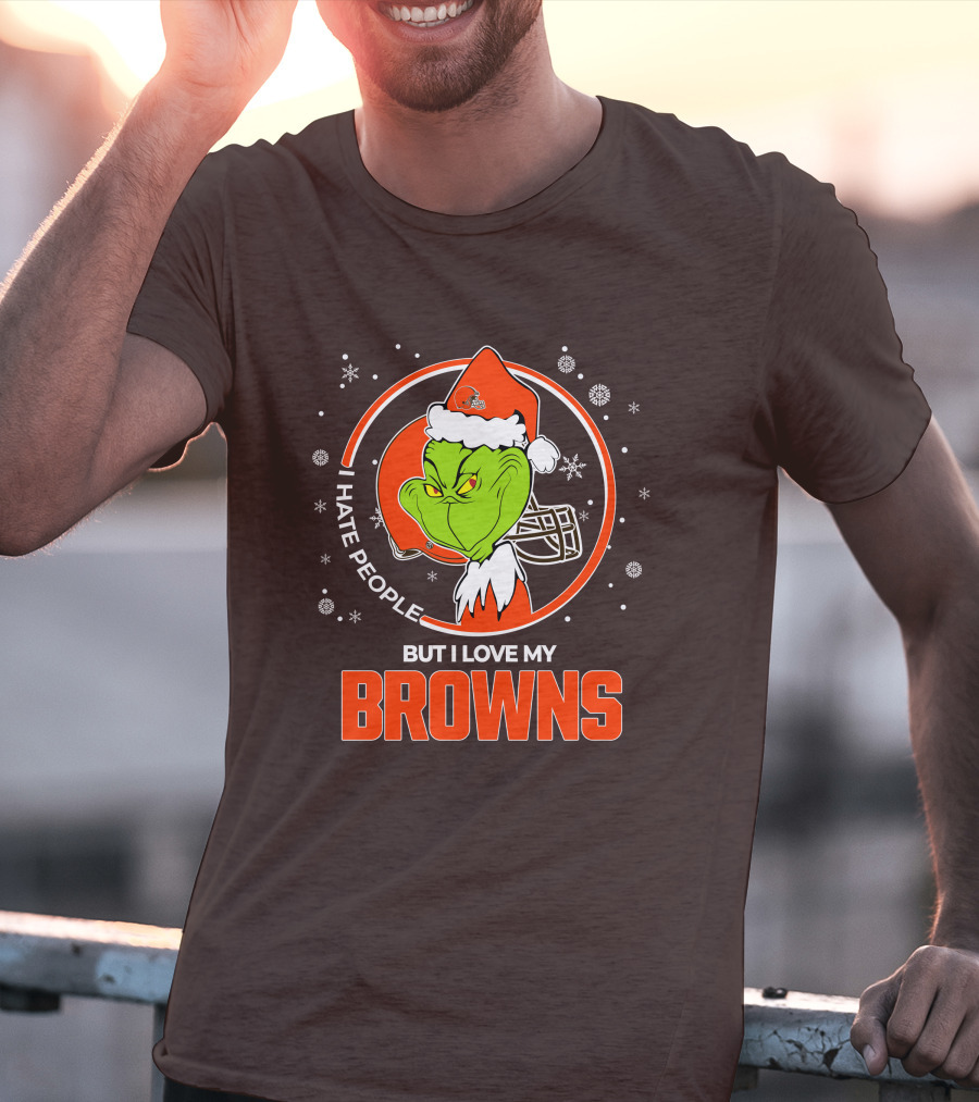 I Hate People But I Love My Cleveland Browns Grinch Santa Christmas T-Shirt