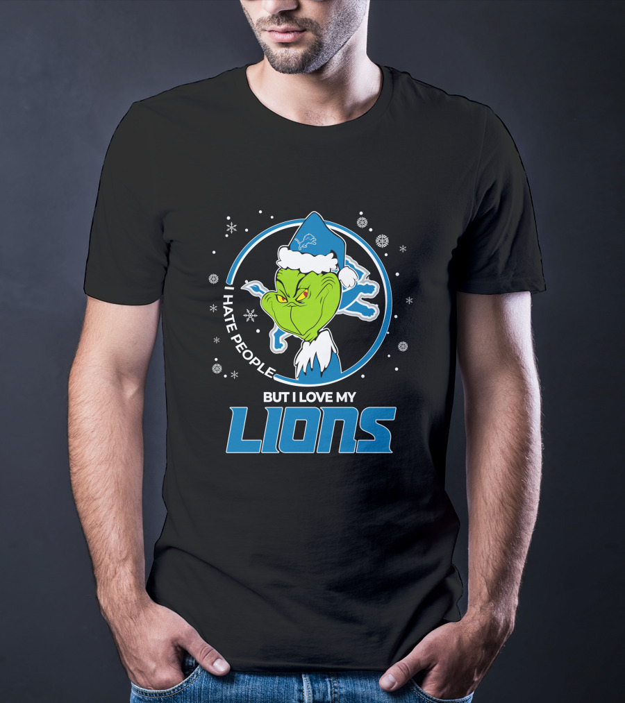 I Hate People But I Love My Detroit Lions Grinch Santa Christmas T-Shirt