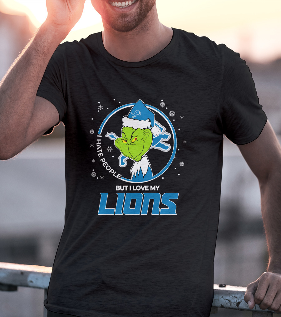 I Hate People But I Love My Detroit Lions Grinch Santa Christmas T-Shirt