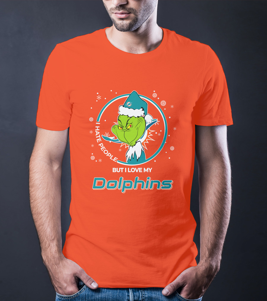 Christmas Grinch Santa I Hate People But I Love My Dolphins Miami Dolphins T-Shirt