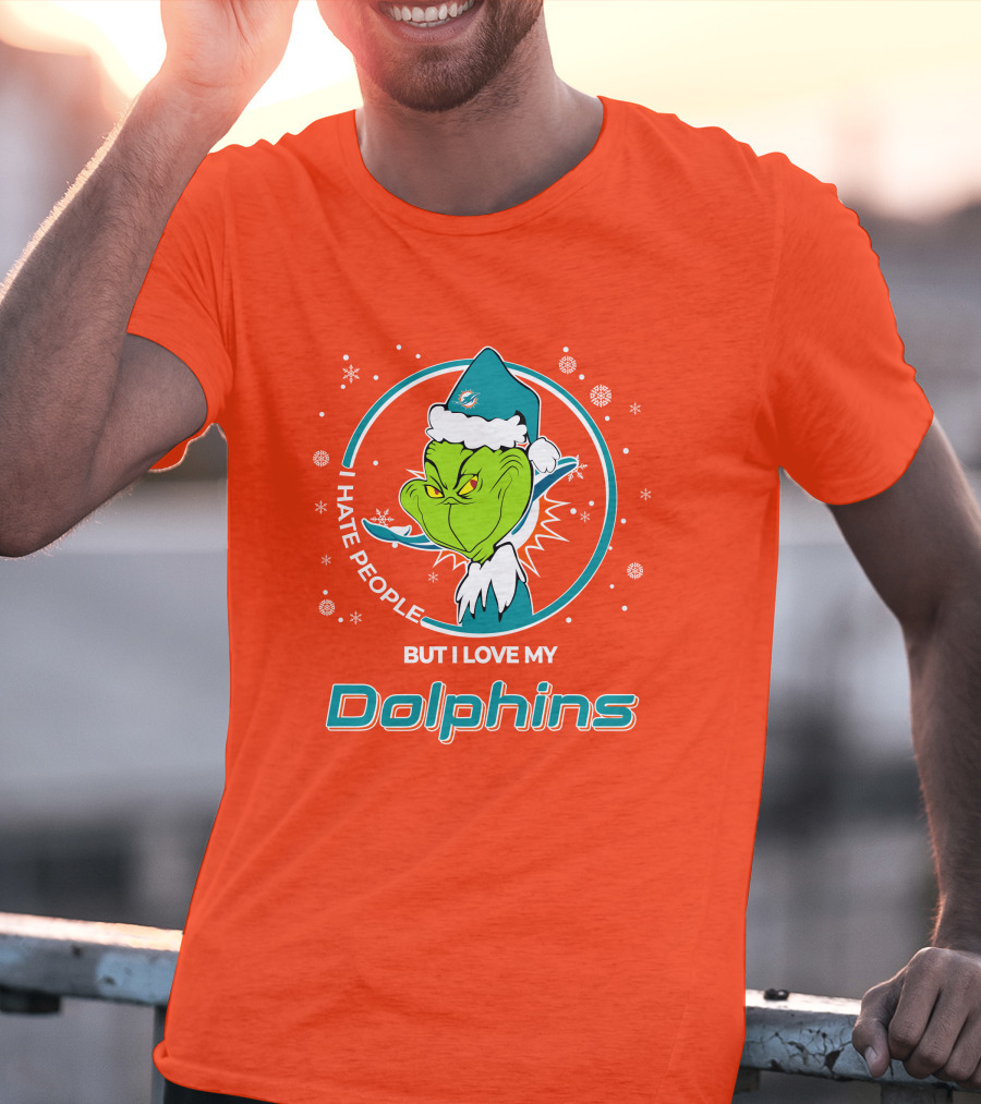Christmas Grinch Santa I Hate People But I Love My Dolphins Miami Dolphins T-Shirt