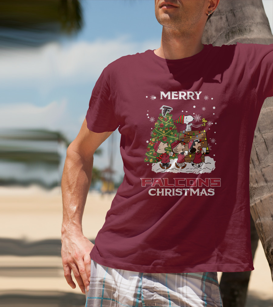 Merry Falcons Christmas Peanuts Tree Atlanta Snowflakes T-Shirt