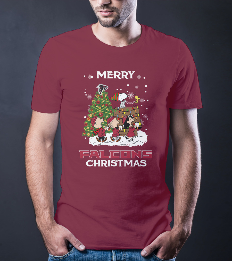 Merry Falcons Christmas Peanuts Tree Atlanta Snowflakes T-Shirt