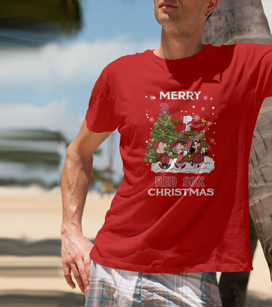 Merry Red Sox Christmas Tree With Snoopy And Friends T-Shirt