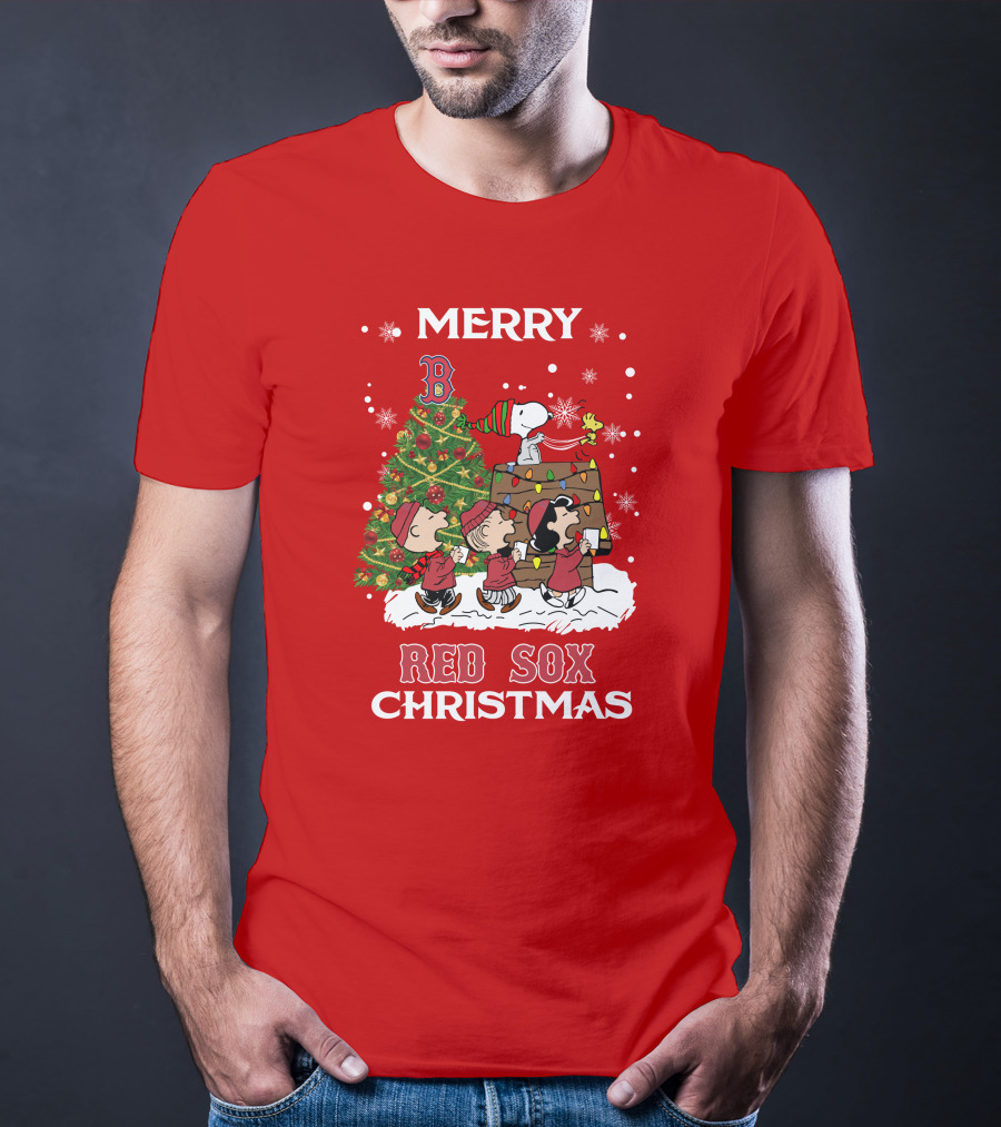Merry Red Sox Christmas Tree With Snoopy And Friends T-Shirt