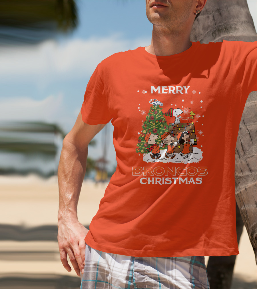 Merry Broncos Christmas Peanuts Tree Theme T-Shirt