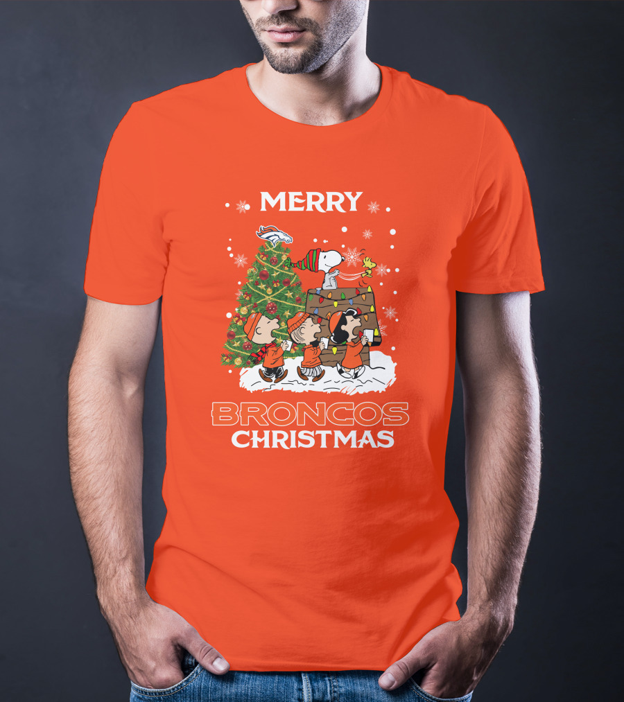Merry Broncos Christmas Peanuts Tree Theme T-Shirt