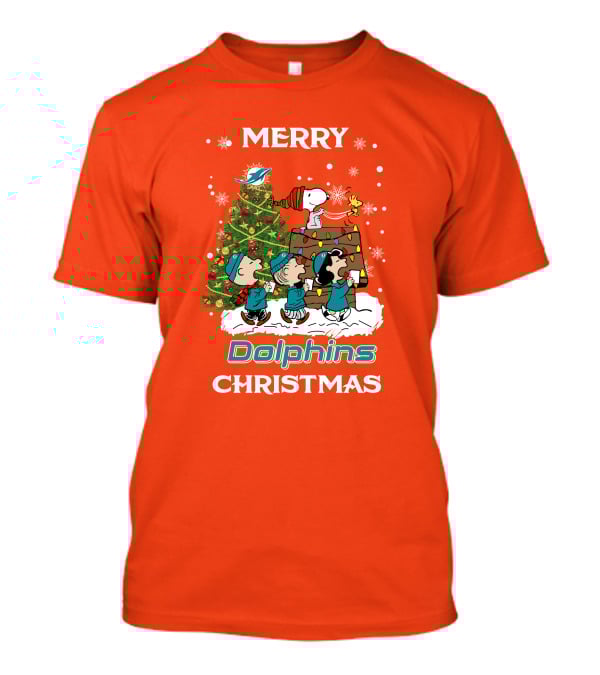 Merry Dolphins Christmas Peanuts Characters With Tree Miami T-Shirt