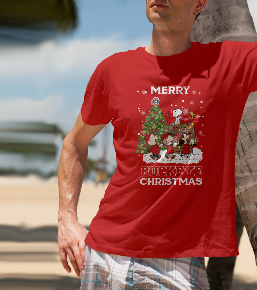 Merry Buckeye Christmas Ohio State Peanuts Christmas Tree T-Shirt