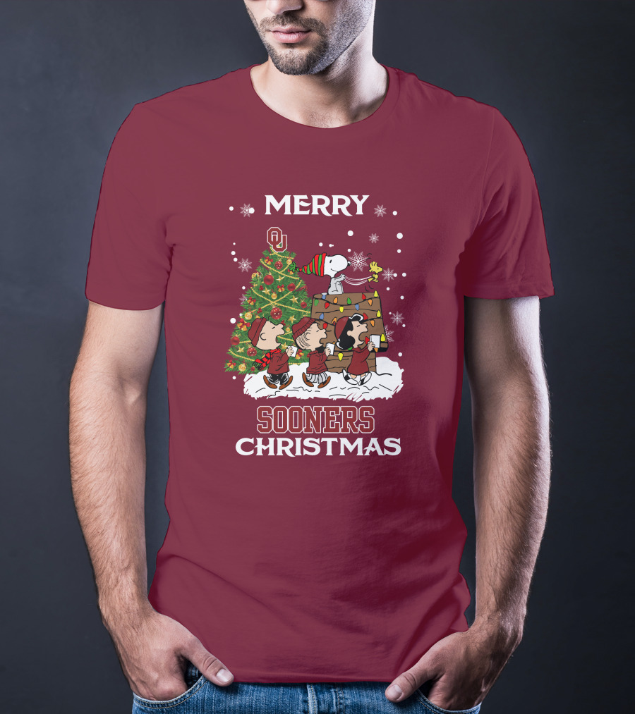 Merry Christmas Snoopy Oklahoma Sooners Christmas Tree Peanuts T-Shirt