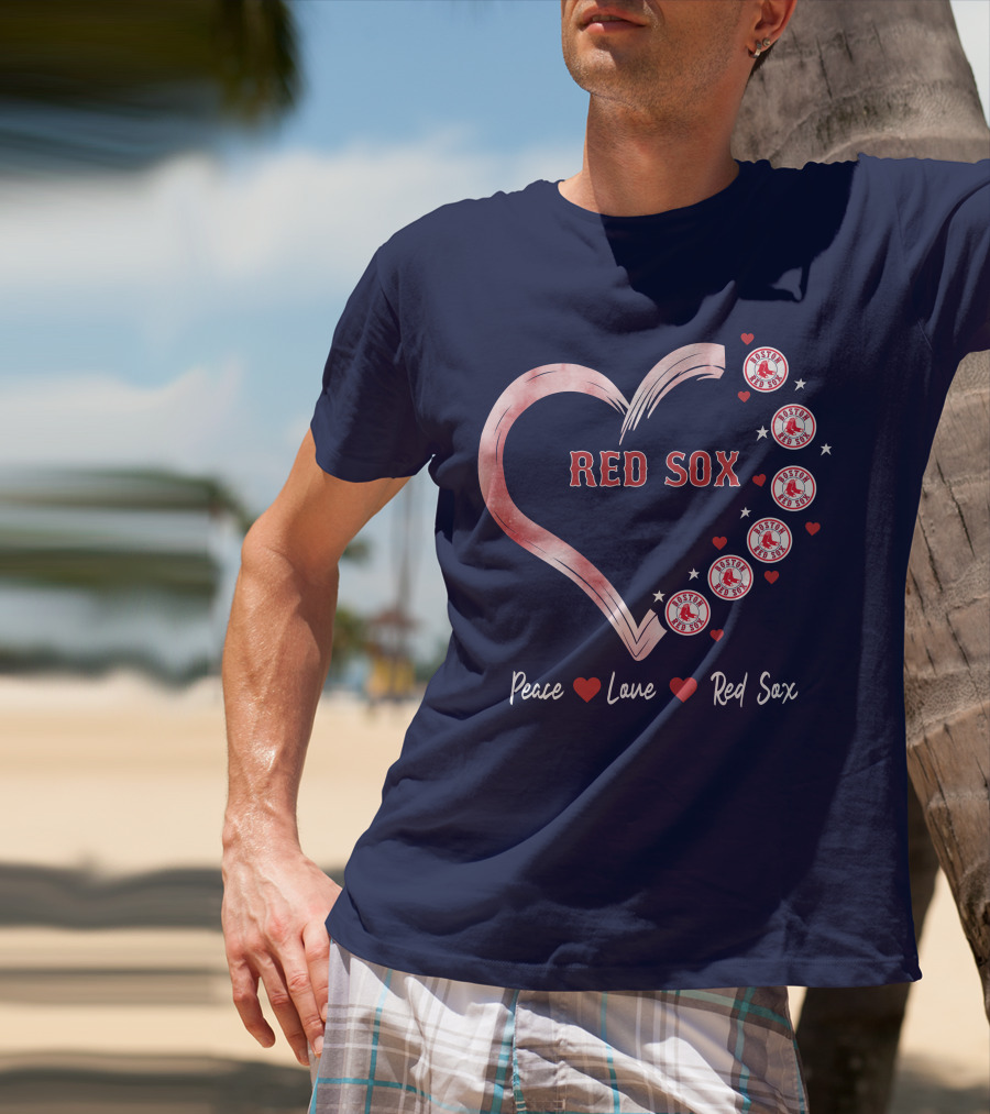 Peace Love Red Sox Heart With Boston Red Sox Logos And Stars T-Shirt