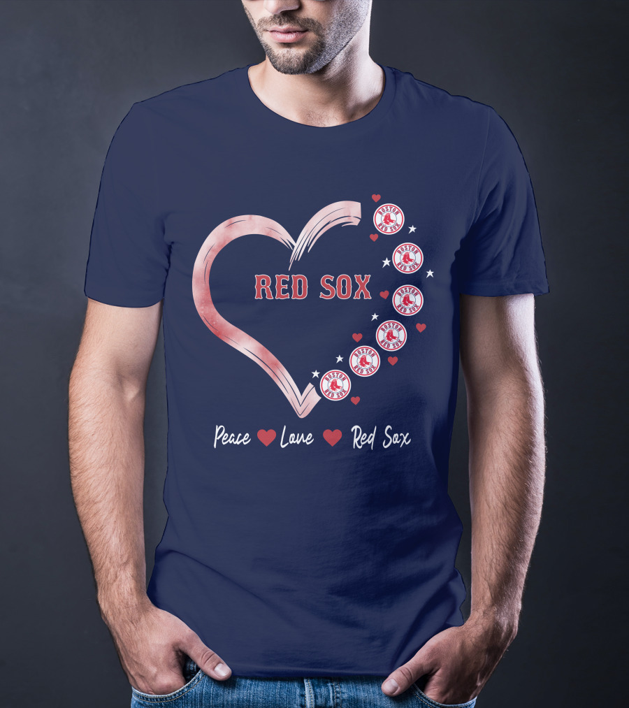 Peace Love Red Sox Heart With Boston Red Sox Logos And Stars T-Shirt